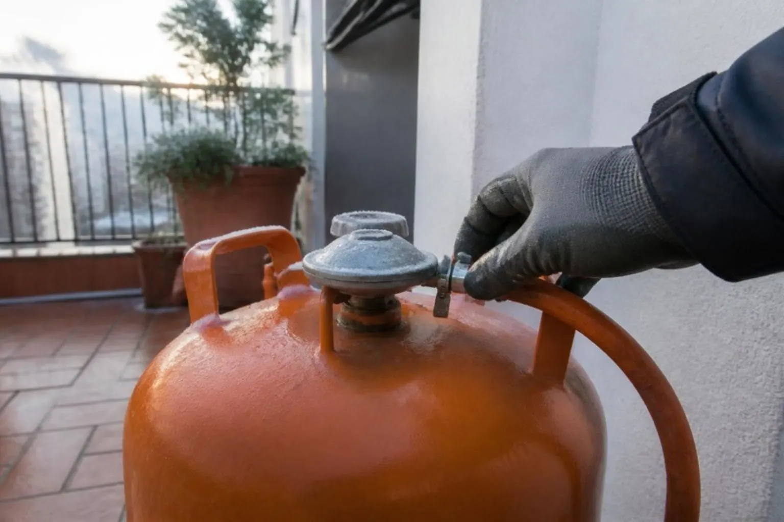 Técnico revisando el regulador de una bombona de butano con escarcha en una terraza