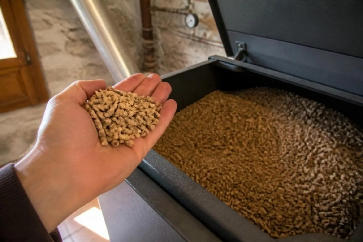 Pellets de madera en la mano junto a una caldera de biomasa