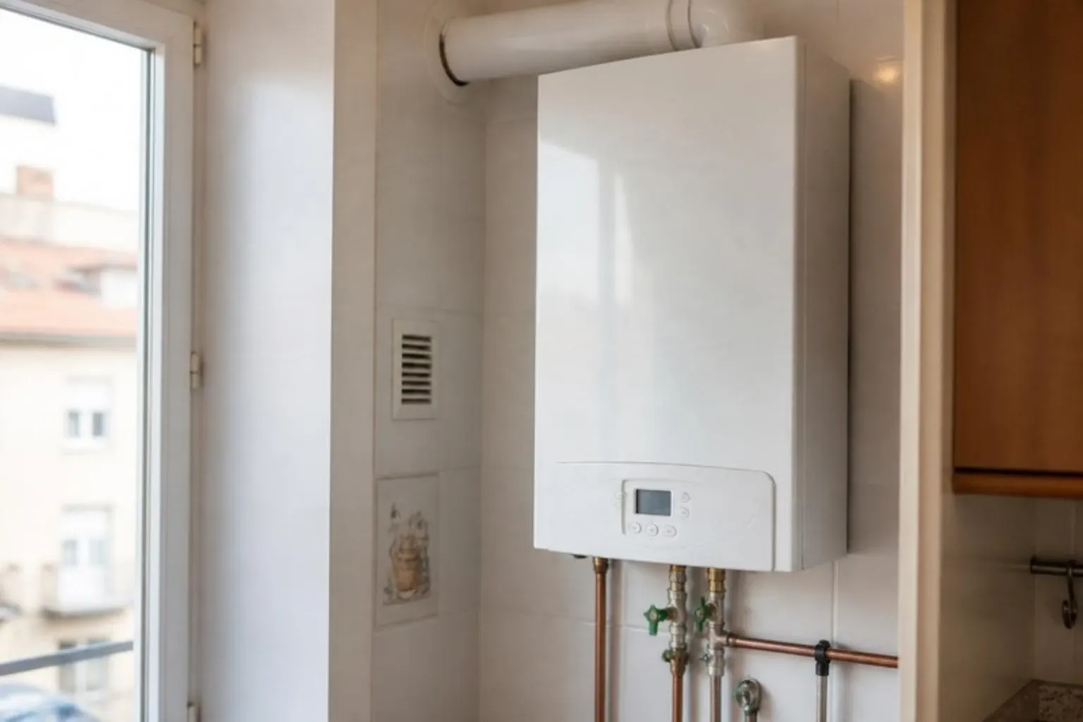 Calentador de gas estanco instalado en la pared de una cocina en Badajoz